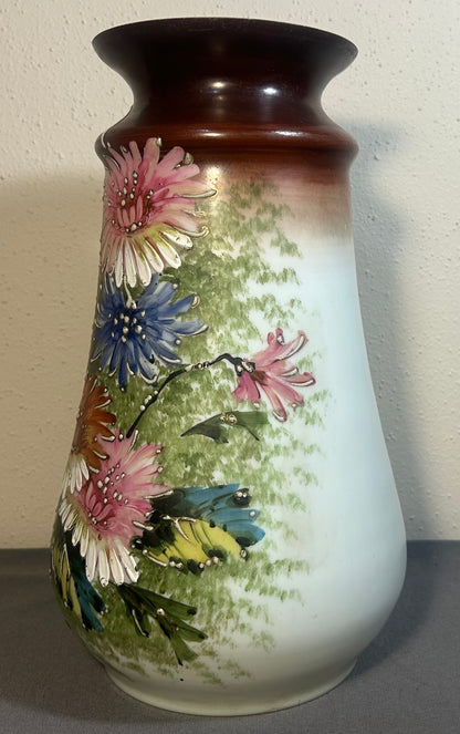 Late 19th Century French Victorian Art Nouveau Hand-Painted Opaline Glass Dutch Landscape/Floral Motifs Baluster Vase