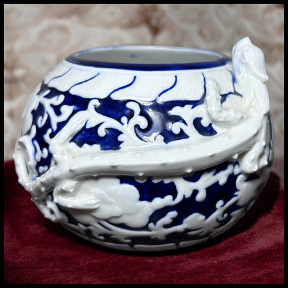 1885 English Victorian Royal Worcester Porcelain Japanesque Style Porcelain Brush Washer Form White/Cobalt Blue Raised Relief Dragon Motif Small Rotund Vase