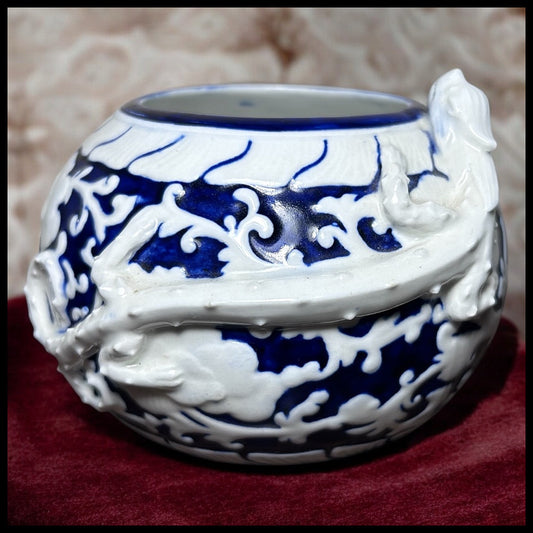 1885 English Victorian Royal Worcester Porcelain Japanesque Style Porcelain Brush Washer Form White/Cobalt Blue Raised Relief Dragon Motif Small Rotund Vase