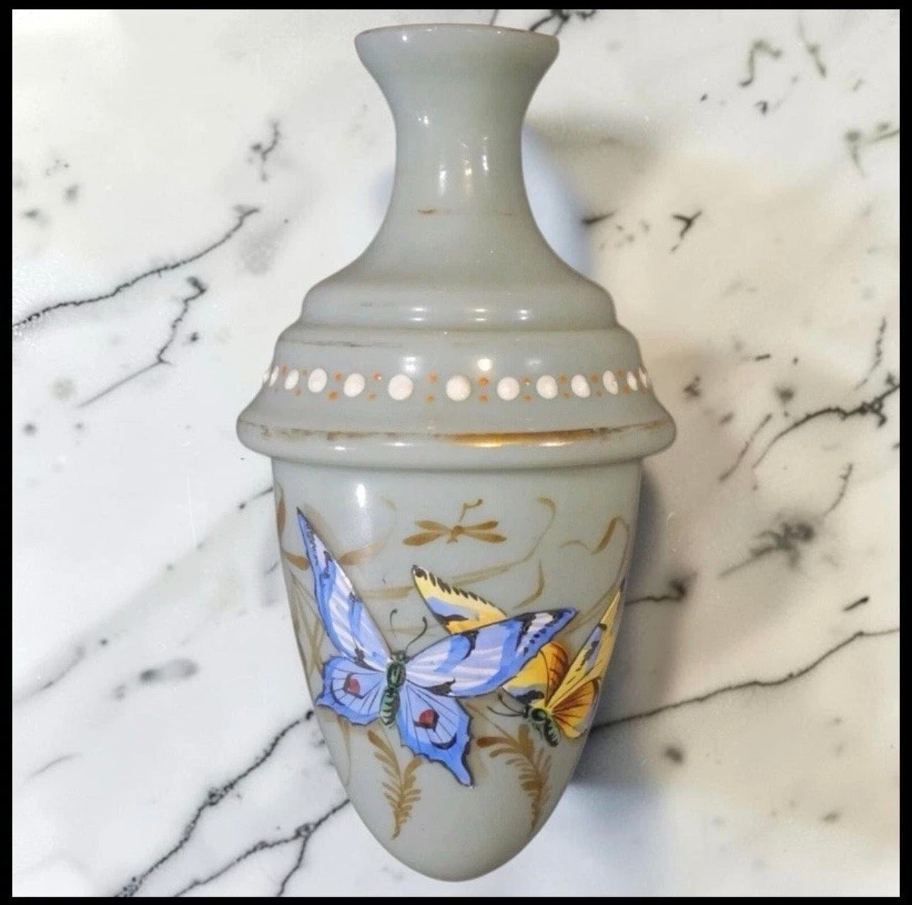Late 19th Century Continental Moser Style Blue Opaline Glass Gilded Hand-Painted Butterfly Motif Acorn Shaped Bud Vase