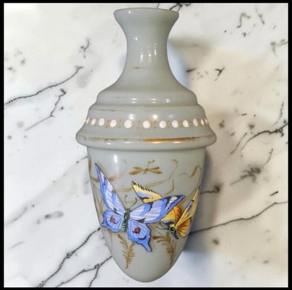 Late 19th Century Continental Moser Style Blue Opaline Glass Gilded Hand-Painted Butterfly Motif Acorn Shaped Bud Vase