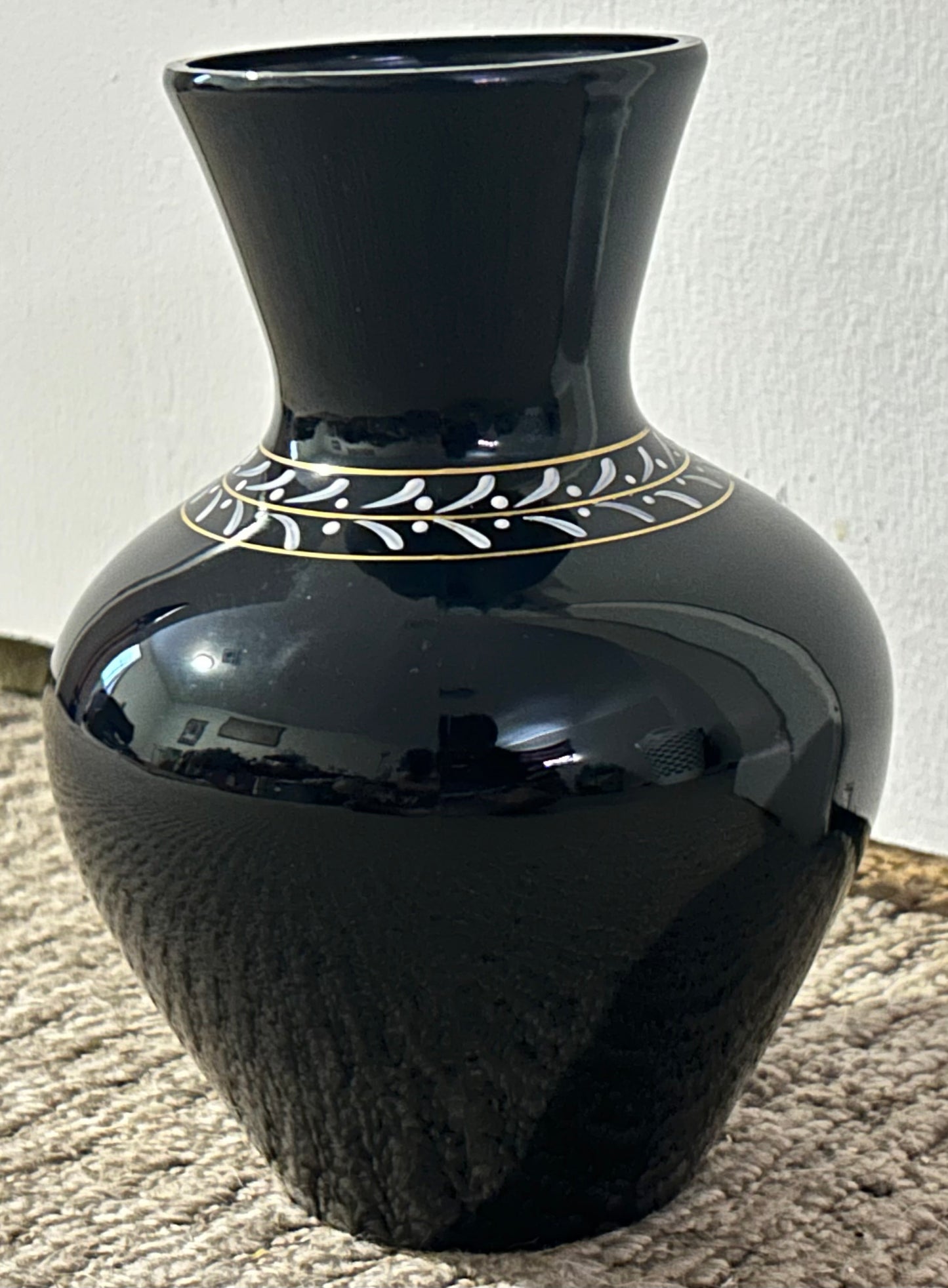 Vintage 1950’s American Westmoreland Mary Gregory Black Amethyst Glass Hand-Painted Woman Playing Harp Motif Baluster Vase