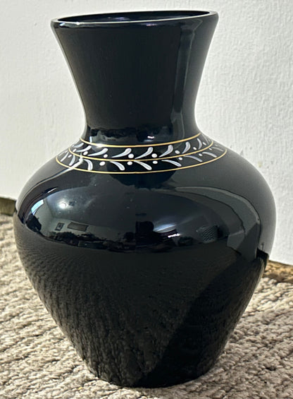 Vintage 1950’s American Westmoreland Mary Gregory Black Amethyst Glass Hand-Painted Woman Playing Harp Motif Baluster Vase