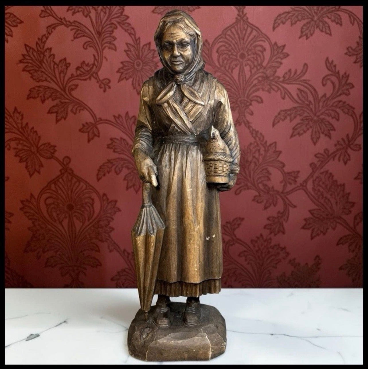 Early 20th Century French Breton Country Peasant Woman Hand-Carved Walnut Wood Sculpture
