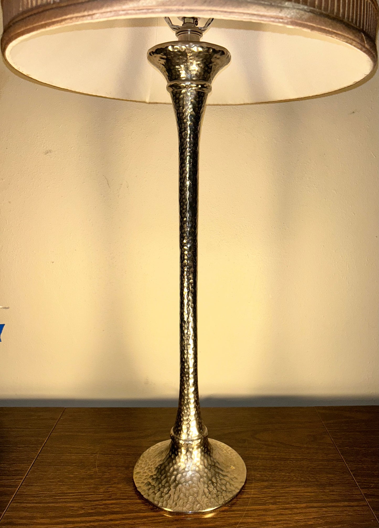 Arteriors Home Contemporary Style Silver Hammered Metal Trumpet Form Base/Cloth Bell Shade Table Lamp