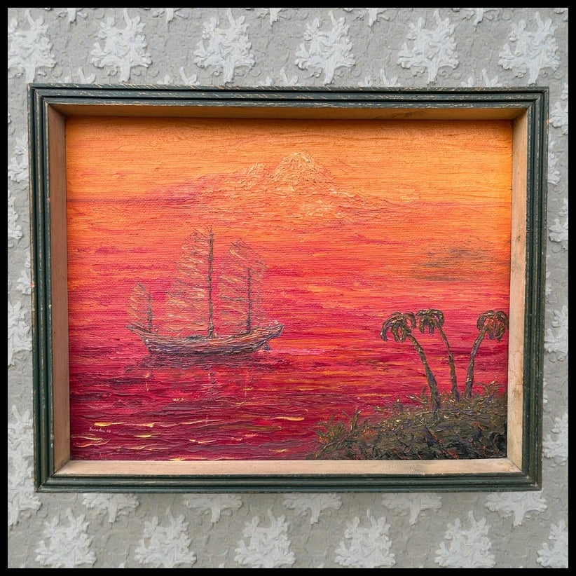 Vintage 1968 American Contemporary Style Chinese Junk Ship Seascape Framed Oil Painting on Canvas Board by Bernie Hill (Louisiana)