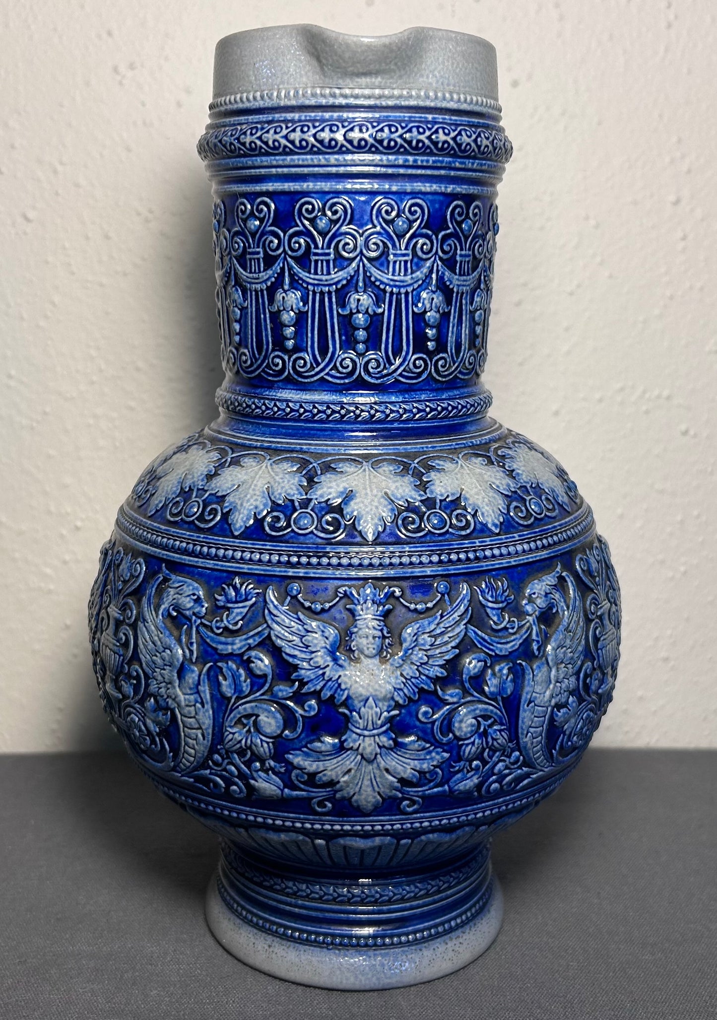 Late 19th Century German Renaissance Revival Style Marzi & Remy Westerwald Salt Glazed Stoneware Ewer