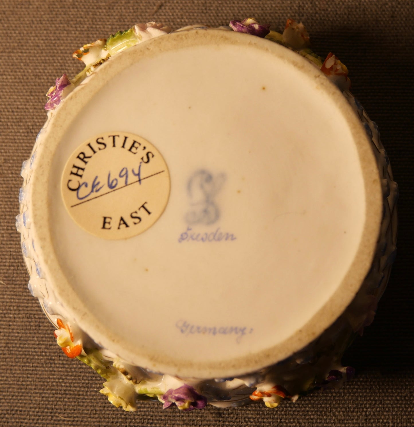 Early 20th Century German Art Nouveau Carl Thieme Potschappel Dresden Porcelain Hand Painted Floral Motif Reticulated Handled Basket with Applied Flowers