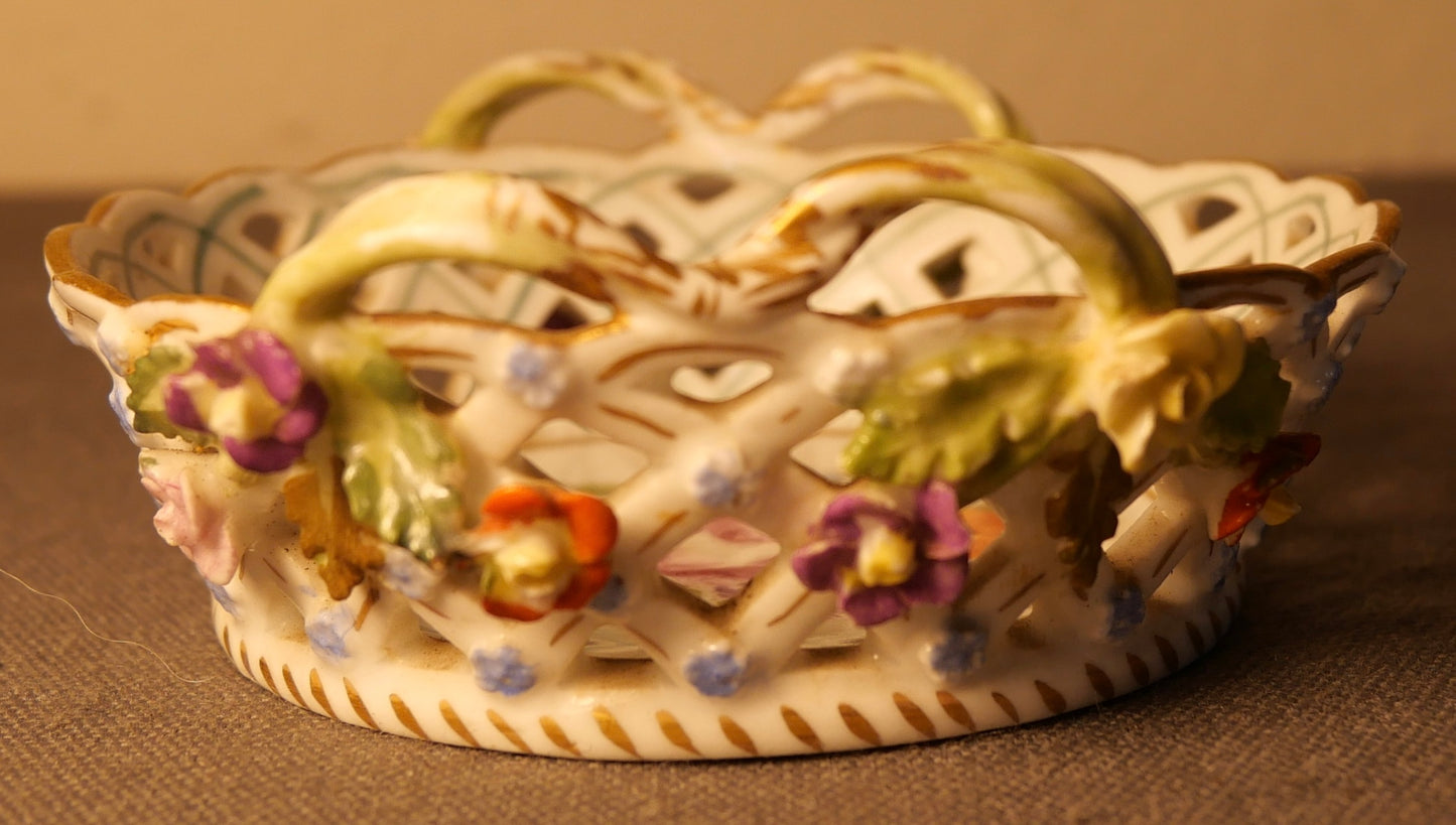 Early 20th Century German Art Nouveau Carl Thieme Potschappel Dresden Porcelain Hand Painted Floral Motif Reticulated Handled Basket with Applied Flowers