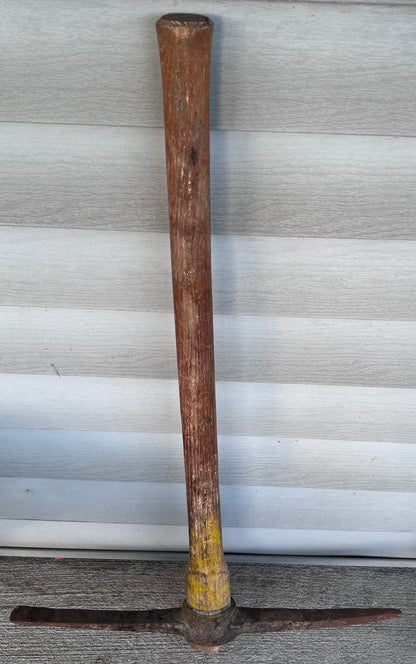 Vintage 1950’s Japanese Hand Forged Cast Iron Head Yellow Painted Wooden Handle Mining Pickaxe Tool