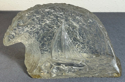 Vintage 1970’s American Mid Century Modern Lucite Reverse Carved Sailboat on Ocean with Seagull Wave Form Sculpture Signed Tanyo