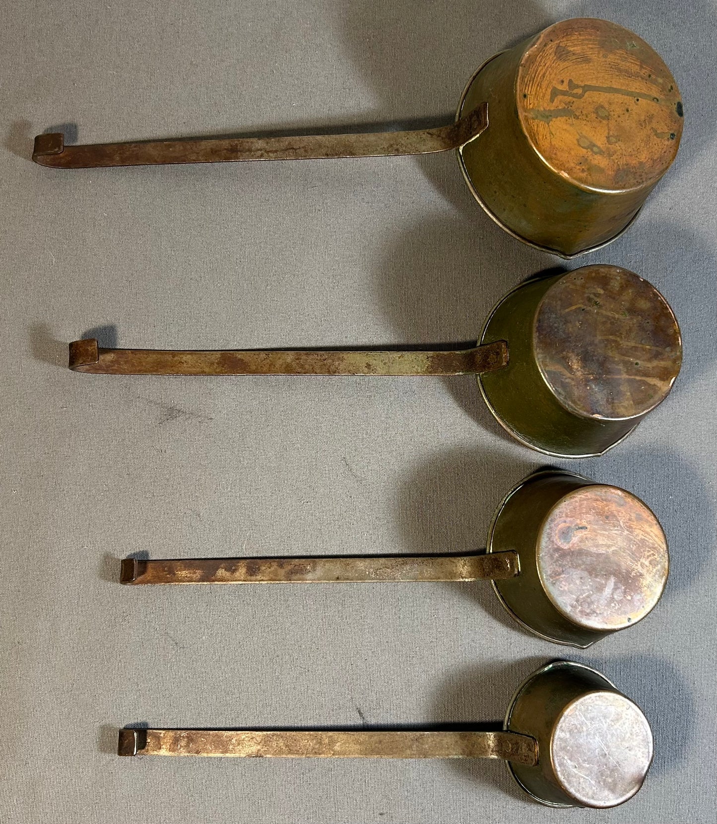 Set of 4 Late 19th Century French Primitive Tin-Lined Copper/Wrought Iron Nesting Pouring Measuring Cups with Handles