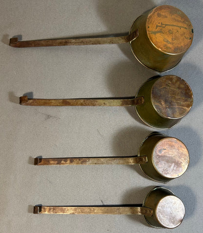 Set of 4 Late 19th Century French Primitive Tin-Lined Copper/Wrought Iron Nesting Pouring Measuring Cups with Handles