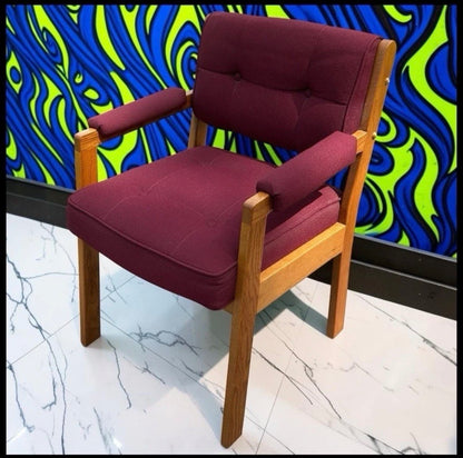 Vintage 1970’s American La-Z-Boy Mid Century Modern Oak Wood/Burgundy Red Upholstered Cushioned Armchair