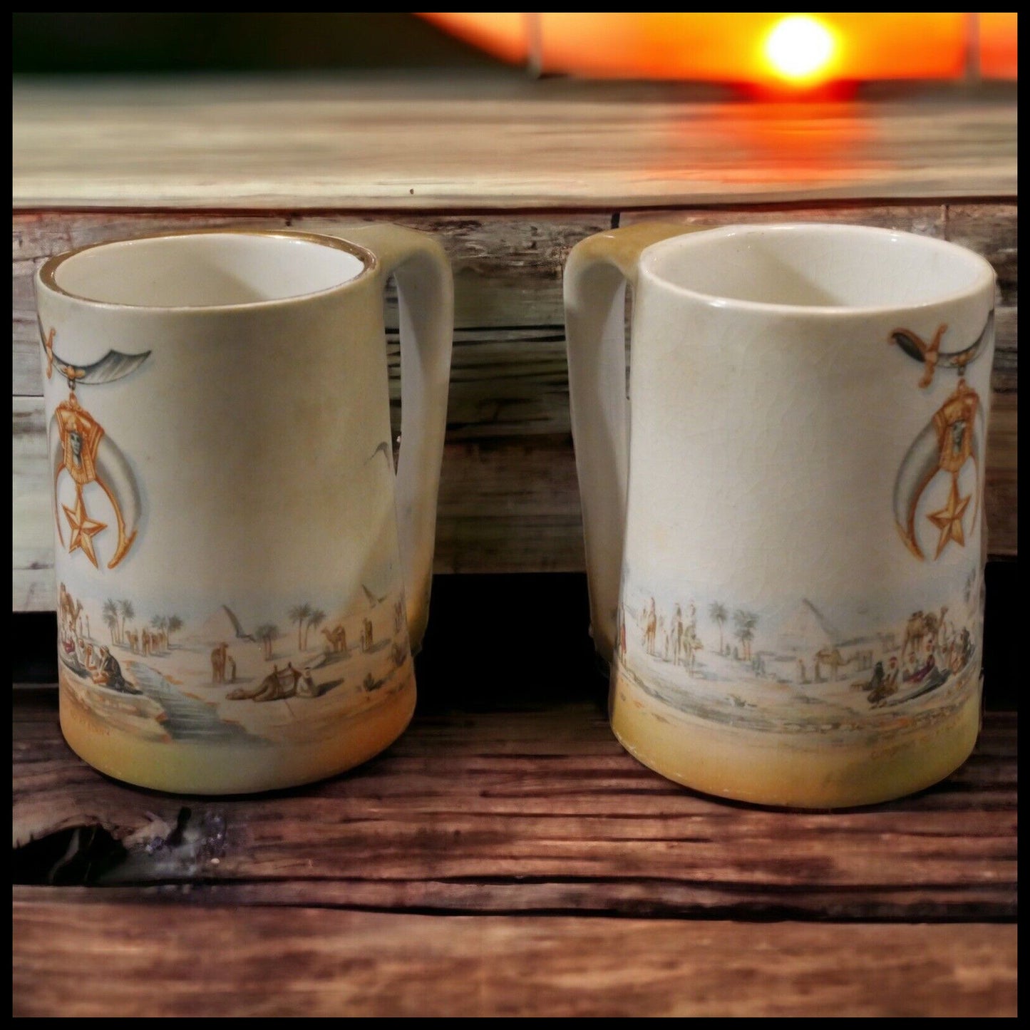 Pair of 1907 American P.F. & Co. New York Transferware Porcelain Masonic Shriners Mugs