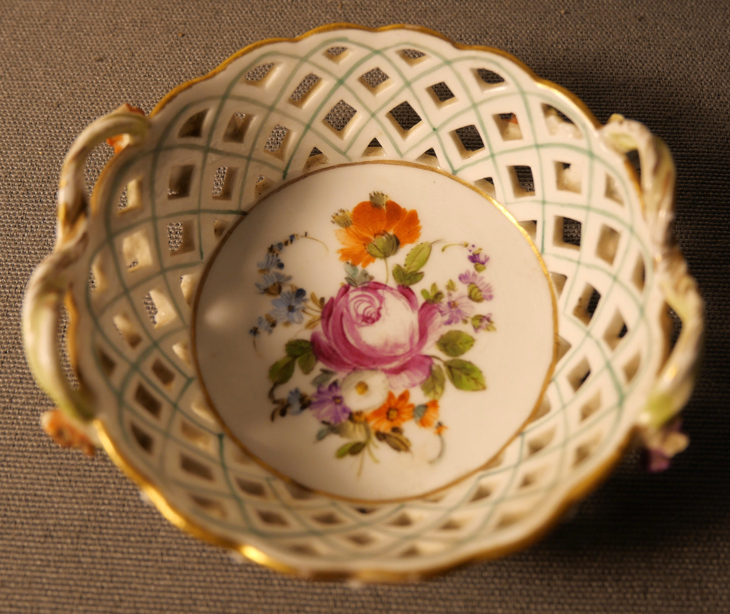 Early 20th Century German Art Nouveau Carl Thieme Potschappel Dresden Porcelain Hand Painted Floral Motif Reticulated Handled Basket with Applied Flowers