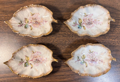 Set of 4 Late 19th Century French Art Nouveau Limoges Bawo & Dotter Elite Gilded Hand-Painted Floral Motifs Leaf-Form Trinket Dishes