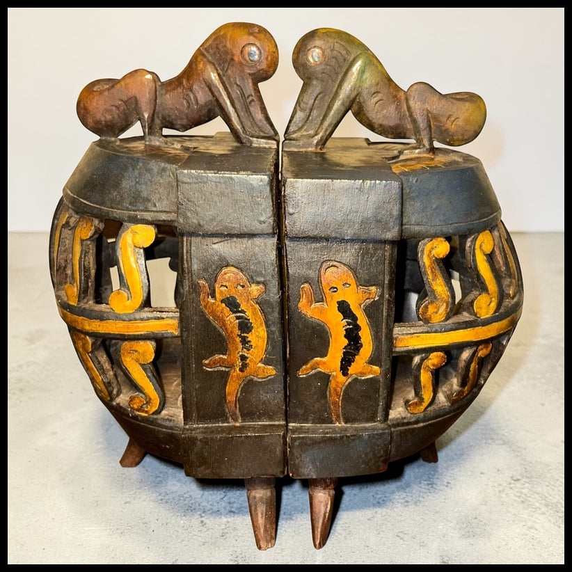 Vintage Mid 20th Century West African Baule-Attributed Carved Hardwood Zoomorphic Figures/Crocodile Motifs Ritual Container from Côte d’Ivoire
