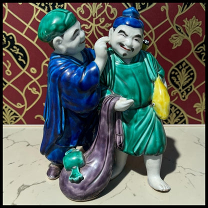 Vintage Circa 1970 Chinese Export Porcelain Fisherman and Ear Cleaning Man Fengsu Renwu Figural Group Figurine