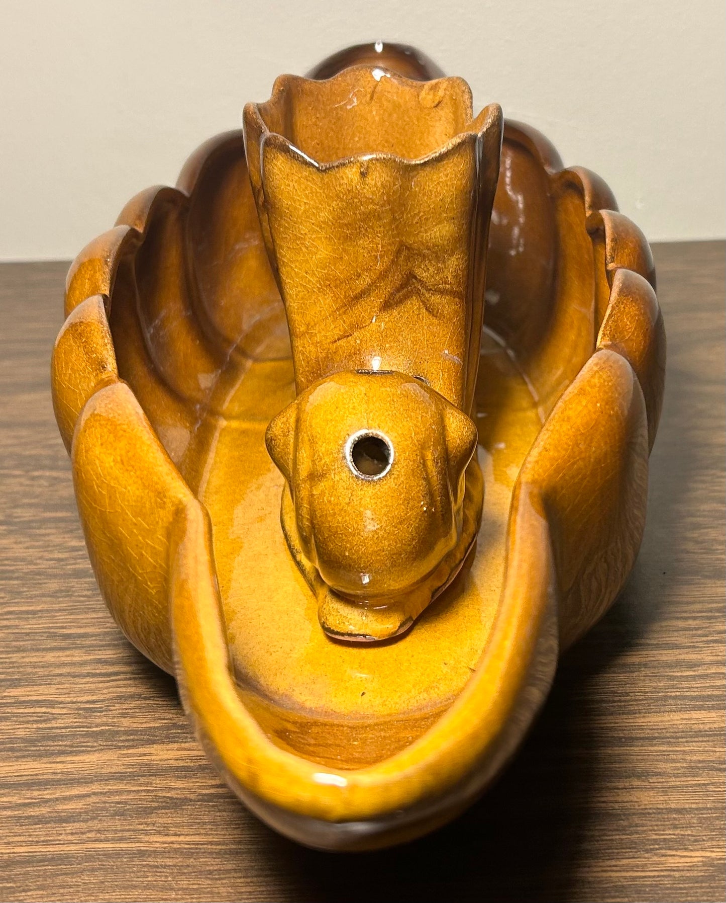 Vintage Circa 1960 American Mid Century Modern Anna Van Briggle Pottery Brown Glazed Console Bowl with Flower Frog