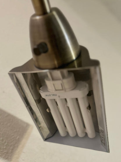 Vintage 1980’s Postmodern Brushed Brass Metal/White Wood Block Base Swingarm Floor Lamp