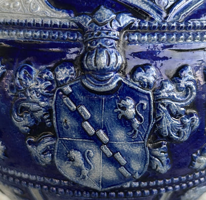 Mid 19th Century German Renaissance Revival Style Westerwald Salt Glazed Stoneware Coat of Arms Motif Satyr Spout Bulbous Footed Ewer
