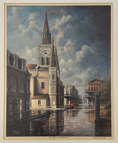 Vintage James Hussey - “St. Louis Cathedral” Framed Signed Lithograph Print (20th Century) (New Orleans, Louisiana)