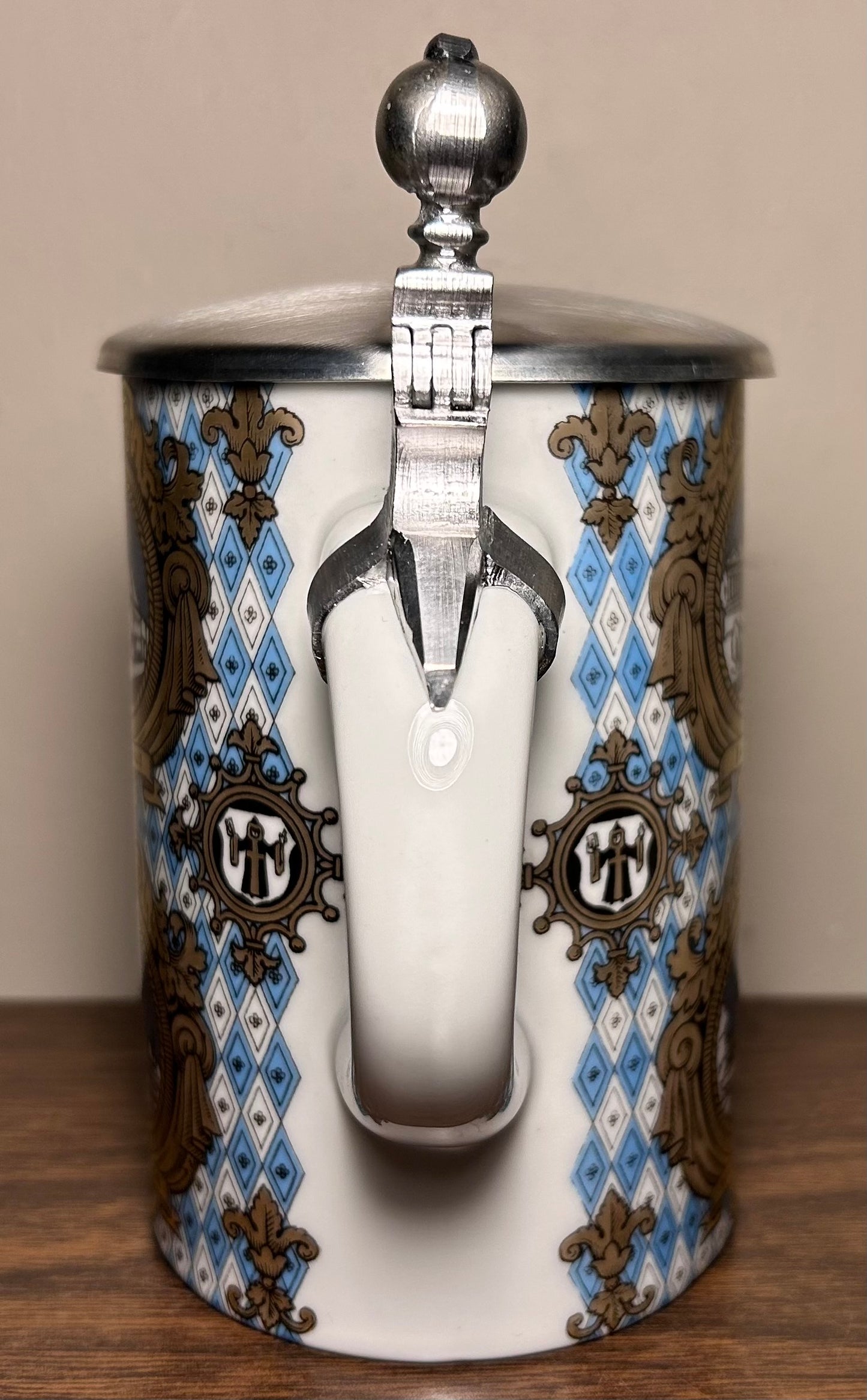 Vintage 1980’s German Porcelain Pewter Lidded Munchen Souvenir Stein
