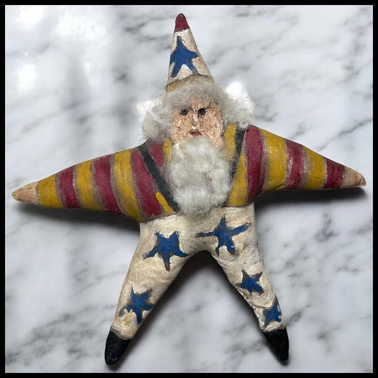 Vintage American Santa Claus Star Painted Oil Cloth Christmas Folk Art Piece (20th Century)