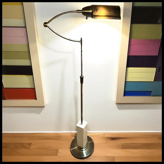 Vintage 1980’s Postmodern Brushed Brass Metal/White Wood Block Base Swingarm Floor Lamp
