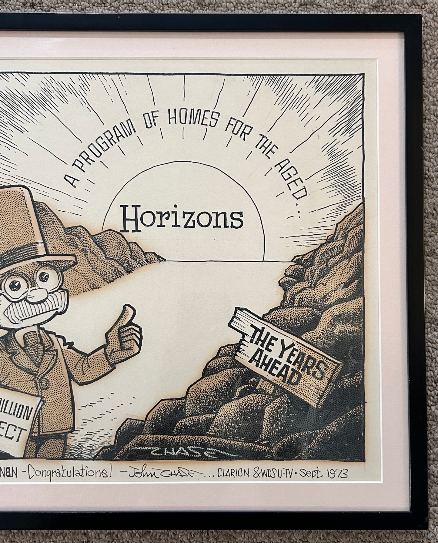 Vintage 1973 John Churchill Chase New Orleans Framed Signed Original Cartoon Art for Catholic Horizons “A Program for the Aged” Gifted to Archbishop Philip M. Hannan from the Clarion Herald and WDSU-TV