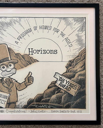 Vintage 1973 John Churchill Chase New Orleans Framed Signed Original Cartoon Art for Catholic Horizons “A Program for the Aged” Gifted to Archbishop Philip M. Hannan from the Clarion Herald and WDSU-TV