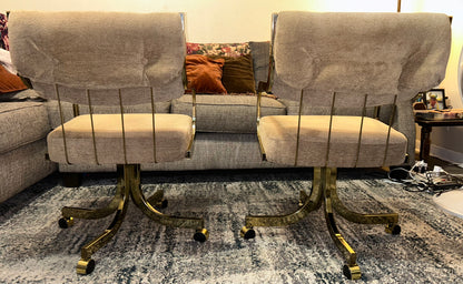 Set of 2 Vintage 1980’s American Hollywood Regency Chromcraft Brass Style Metal/Beige Upholstered Rolling Accent Armchairs