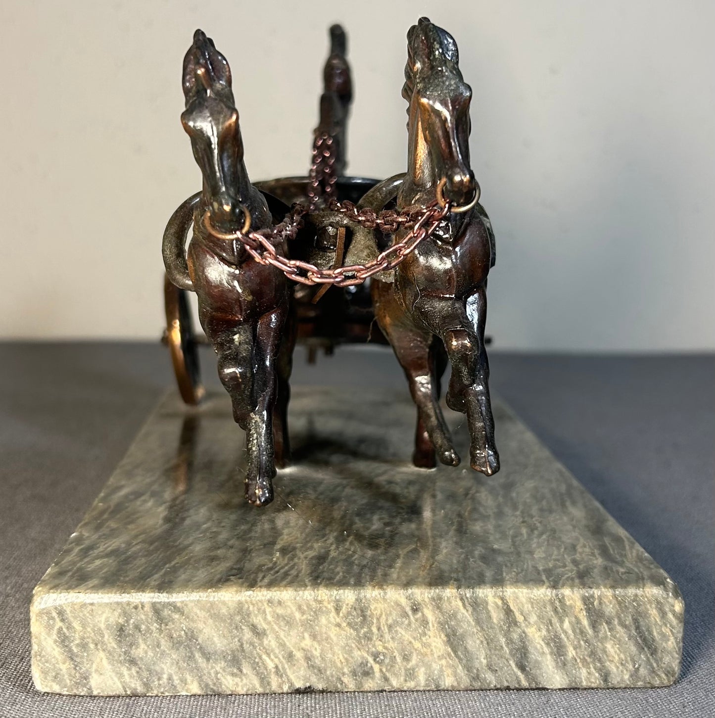 Vintage Circa 1960’s Greek Mythology Achilles with War Chariot Bronze Patinated Spelter Statue on Grey/White Marble Base Made in Greece