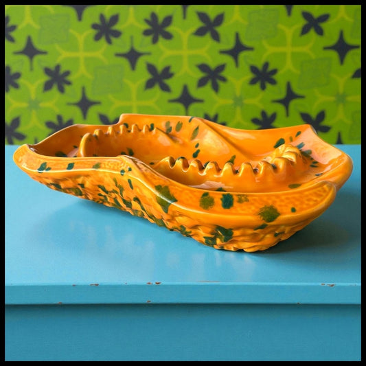 Vintage 1960’s American Mid Century Modern Byron Mold Ceramic Large Orange/Green-Spotted Ashtray