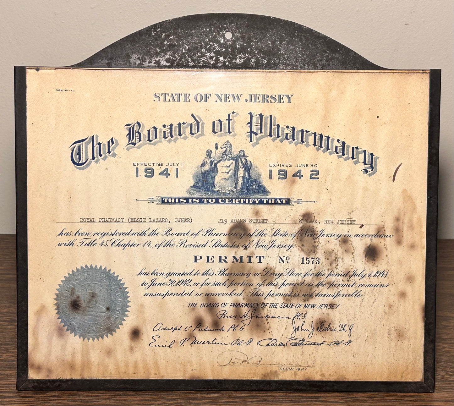 1941-42 American New Jersey Registered Pharmacy Permit in Tin Metal Glass Front Display Frame