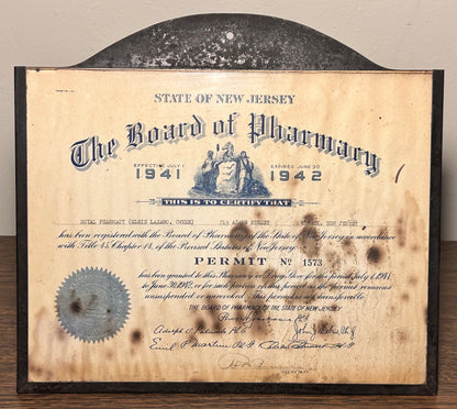 1941-42 American New Jersey Registered Pharmacy Permit in Tin Metal Glass Front Display Frame