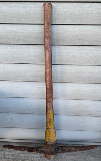 Vintage 1950’s Japanese Hand Forged Cast Iron Head Yellow Painted Wooden Handle Mining Pickaxe Tool