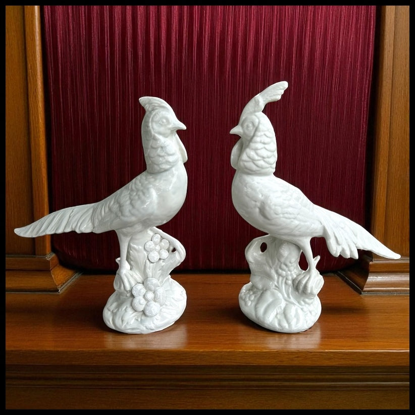 Pair of Vintage Circa 1960 Italian Mid Century Modern White Ceramic Pheasant Sculptures