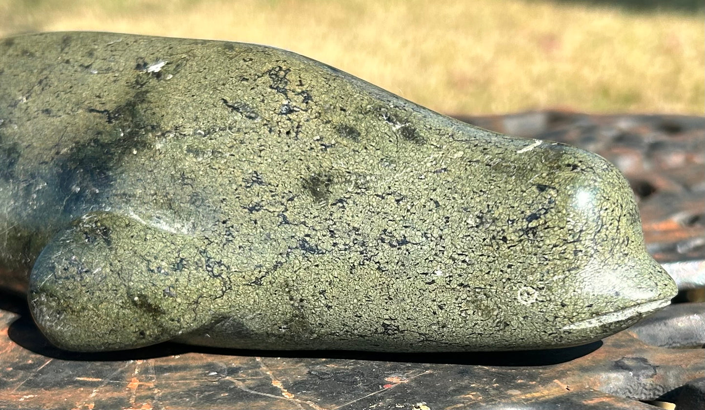 Vintage Canadian Inuit Beluga Whale Serpentine Stone Carving by Nooshoota Paduq (1979)