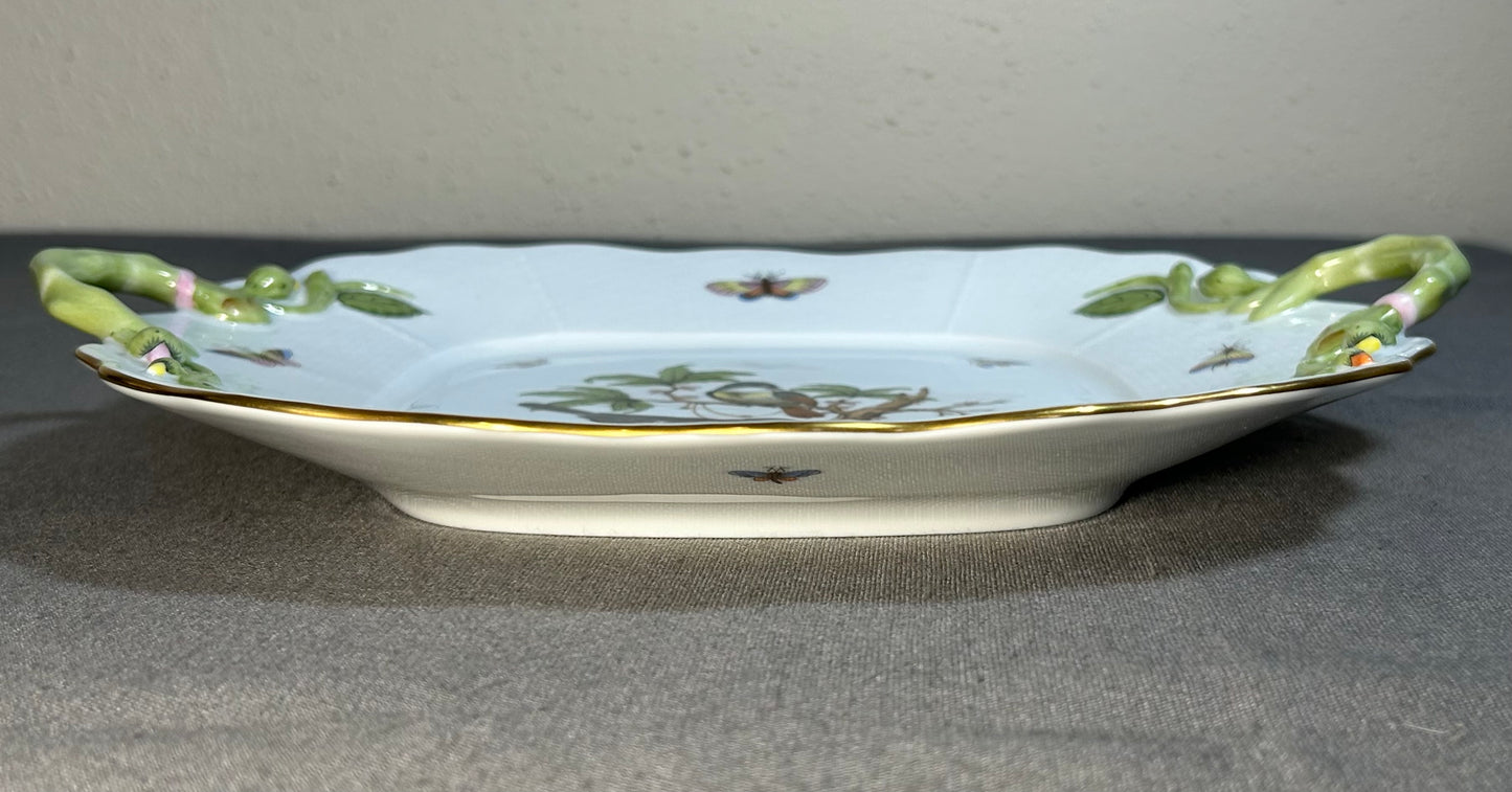 Vintage Circa 1970 Hungarian Herend Porcelain Hand-Painted Rothschild Bird Pattern Scalloped Rim Handled Square Serving Tray