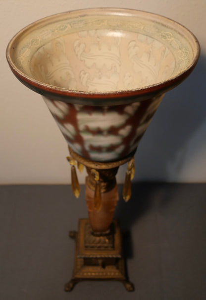 Circa 1920 American Art Deco Gilded Metal Lion's Paw Foot/Pink Frosted Glass Base Torchiere Table Lamp with Reverse Painted Frosted Glass Shade and Topaz Glass Hanging Prisms
