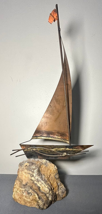 Vintage 1970’s American Brutalist Welded Copper/Brass Metal Sailboat on Stone Base Sculpture by Bijan Bahar