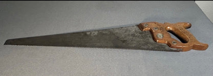 1888-1895 American E.C. Atkins & Co. 20-Inch Silver Steel Metal Blade/Carved Beech Wood Wheat Pattern Handle Panel Saw with Medallion