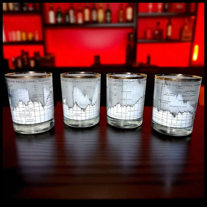 Vintage Set of 4 1988 American Mid Century Modern Style Brown & Bigelow Dow Jones Industrial 25 Year Average Gilded Rim Lowball Glasses