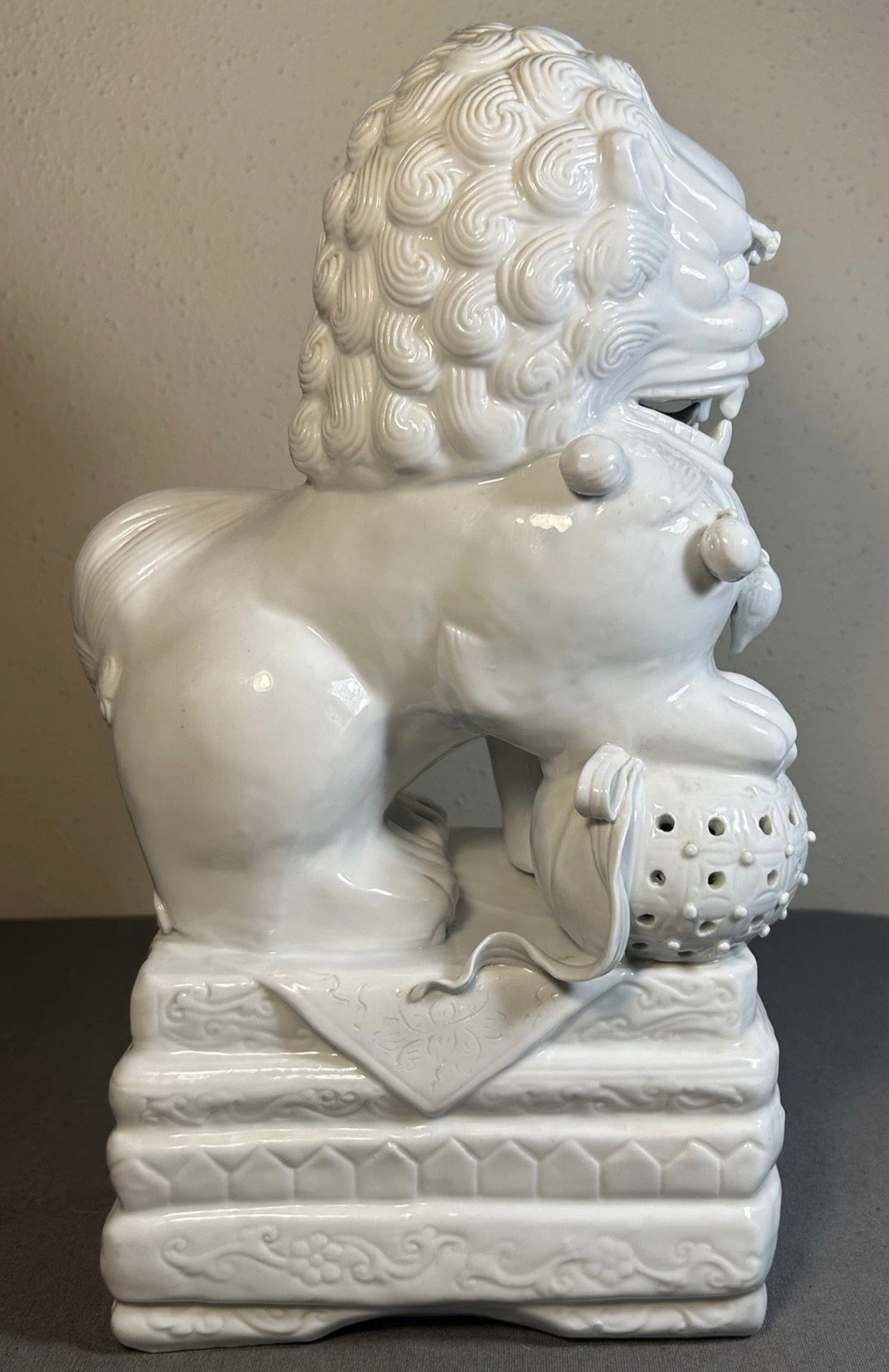 Vintage 1980’s Chinese Dehua Blanc de Chine Porcelain Male Foo Dog Guardian Lion Statue
