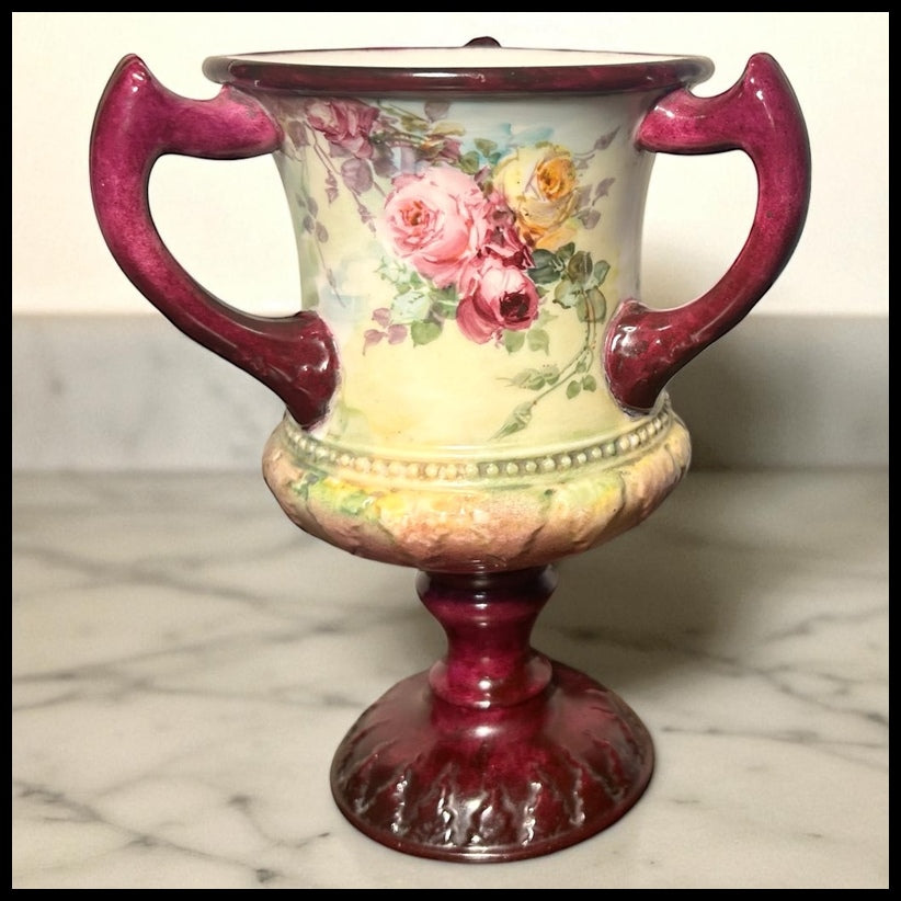1889-1906 American Ceramic Art Studio Belleek Porcelain Hand Painted Rose Motifs Loving Cup Vase