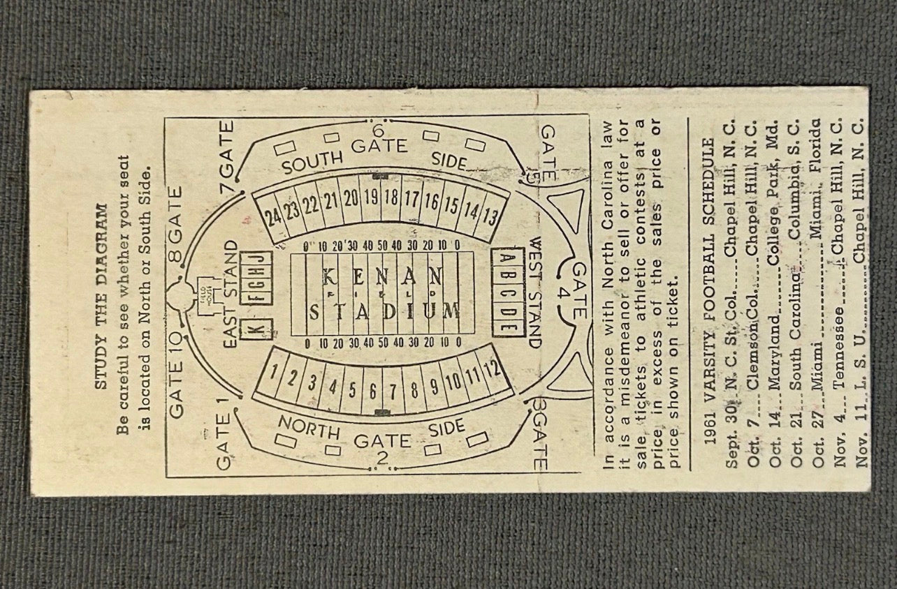 Vintage 1961 North Carolina Tar Heels vs. North Carolina State Wolfpack Football Ticket Stub