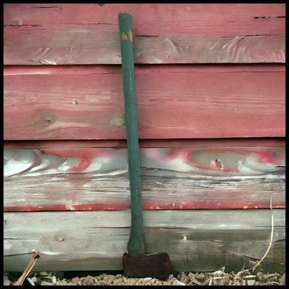 Circa 1920 American Primitive Pastel Green Painted Wooden Handle Metal Axe