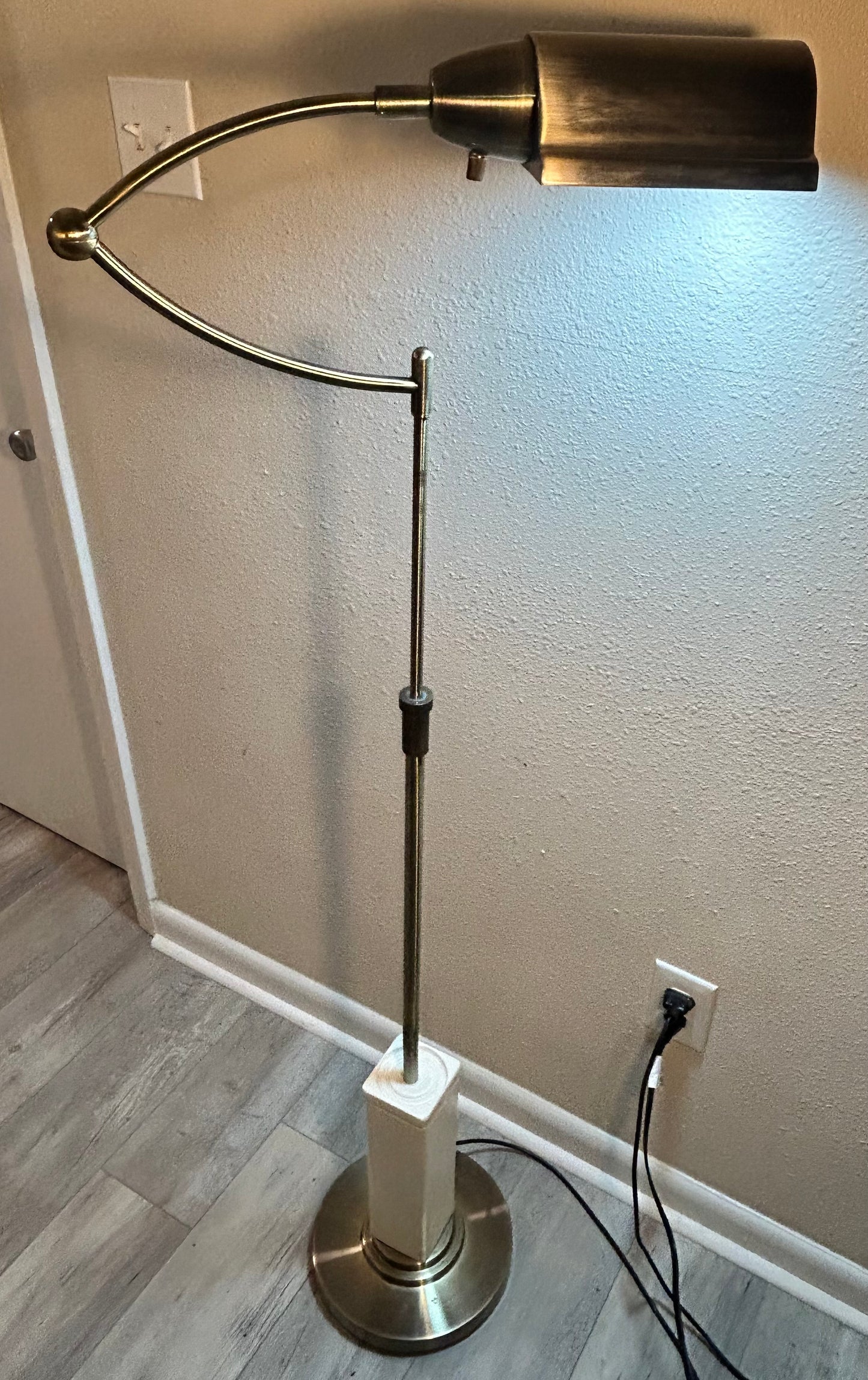 Vintage 1980’s Postmodern Brushed Brass Metal/White Wood Block Base Swingarm Floor Lamp